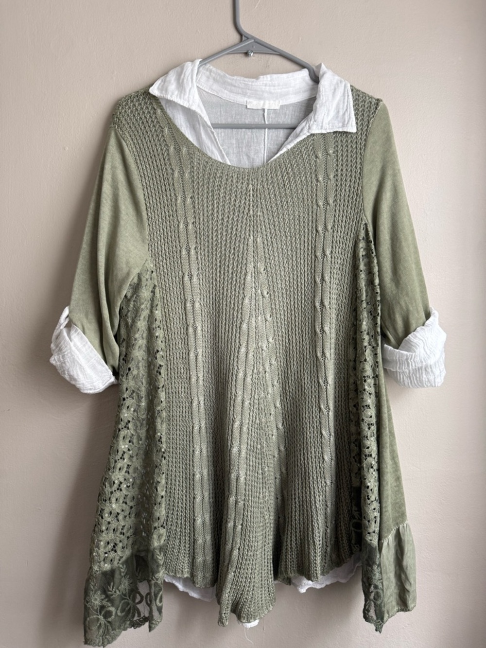 Boho Italian Knit & Lace Tunic Top White & Sage Green Layered 2 piece OS - Picture 1 of 10